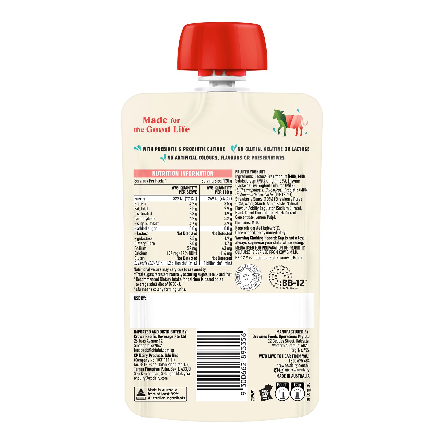 Brownes Dairy Strawberry Yoghurt 8 x 120g Pouch