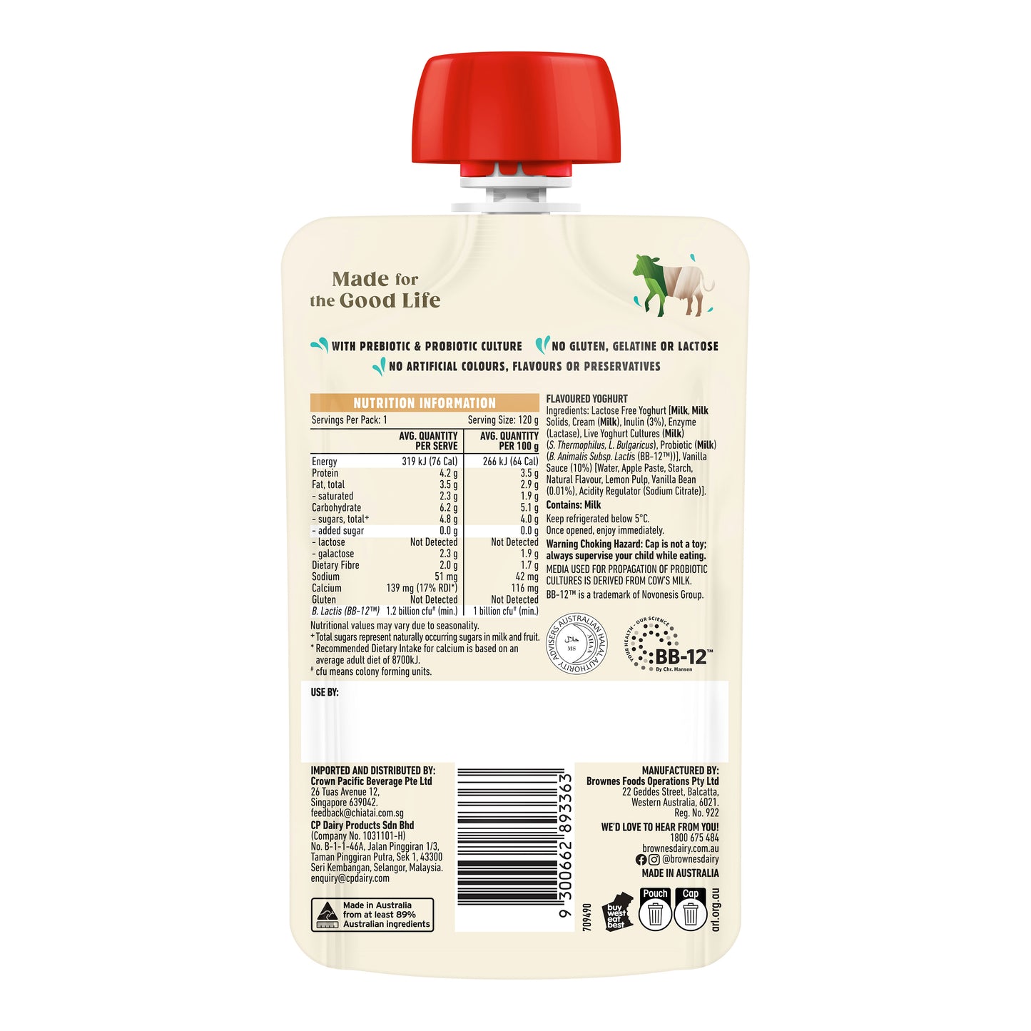 Brownes Dairy Vanilla Yoghurt 8 x 120g Pouch