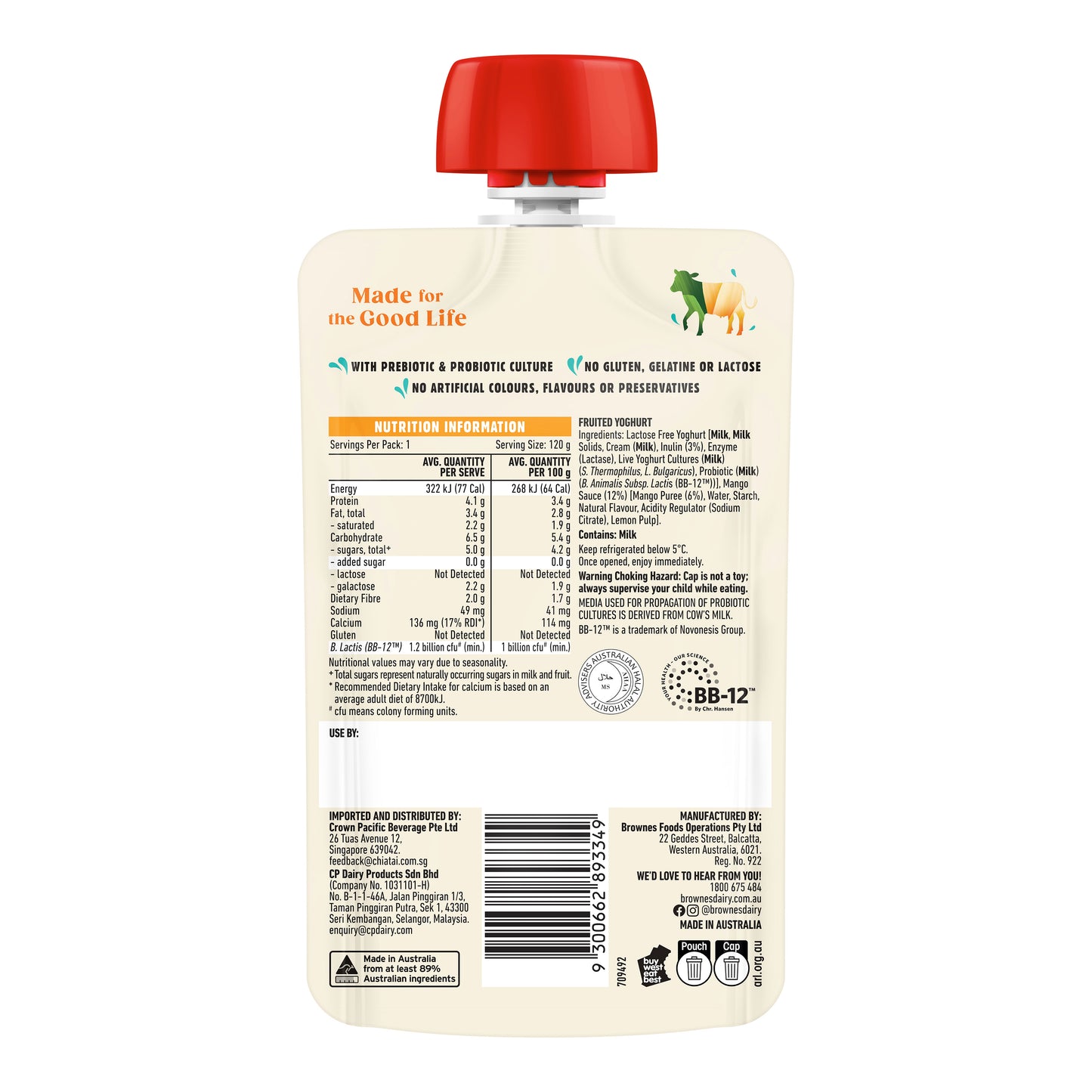 Brownes Dairy Mango Yoghurt 8 x 120g Pouch